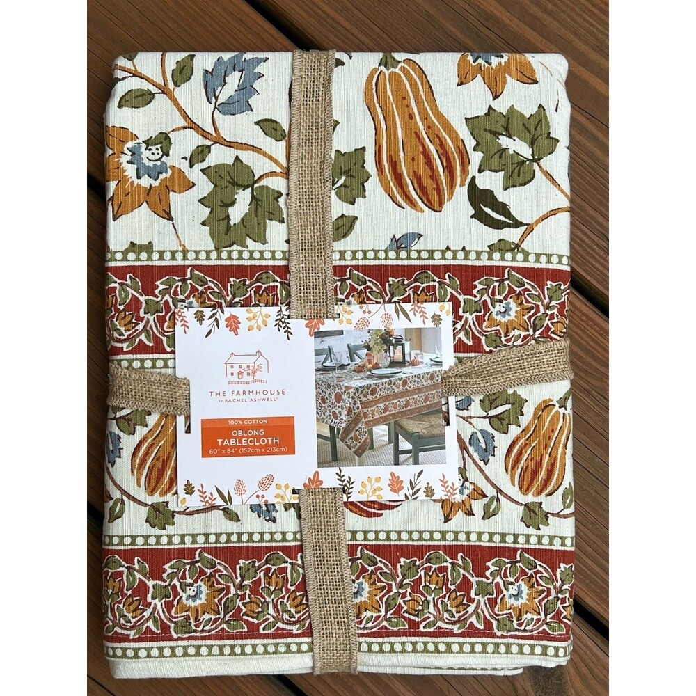 Rachel Ashwell Fall Pumpkins Thanksgiving Cotton Tablecloth 60 X 84 Autum Colors